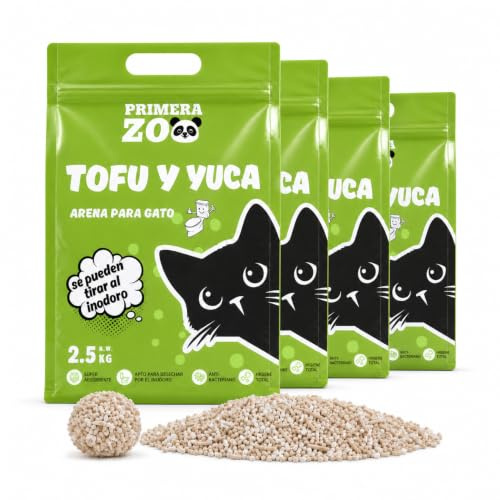 Primerazoo Arena para Gato de Tofu y Yuca, Menos Polvo, Biodegradable, Super Absorbente, Apto para Inodoro, 2.5 kg/Bolsa (4 Bolsa- 10KG/24L)