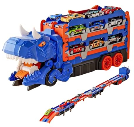 Dinosaur Car Carrier Truck | Hopfällbar Fordonsleksak Dinosaur Transporttruck - Transform Vehicle Playset Hauler Race Track För Barn Skickligt Utformad Med En Dubbelspårig Tävlingsrutschbana, De