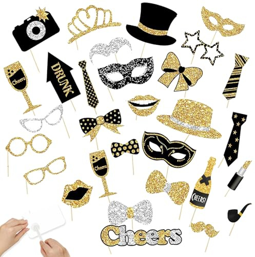 ROEOWENE 30 Piezas Accesorios Photocall Divertidos, Kit Photo Booth para Decoración De Fiestas, Atrezzo Fotográfico para Boda, Cumpleaños, Navidad Y Graduación, Carnavales