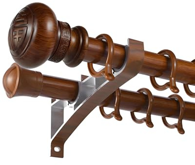 Robusta gardinstänger med dubbla ändstycken, imitationsträ och metall, 260 cm teak, inkluderar fästen, perfekt för elegant fönsterinredning (130 cm x 2)