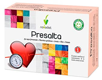 Novadiet - PRESALTA Cápsulas con Ajo Negro, Pleurotus Cystidiosus, Aronia, Olivo y Potasio - Control de Tensión Arterial - Complemento Alimenticio Para el Bienestar Cardiovascular - 60 Cápsulas