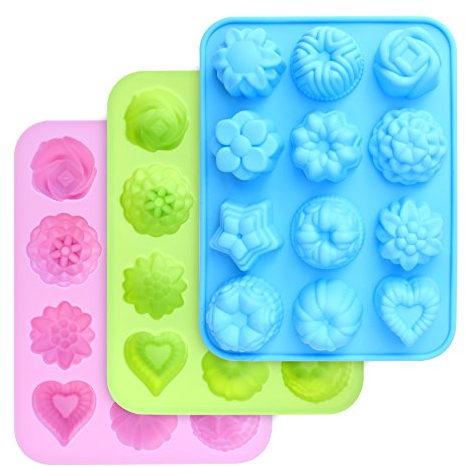 homEdge Food Grade Silicone Flowers Molds, Baking Pan with Flowers and Heart Shape Non-Stick FDA Approved 3-Pack Silicone Molds for Chocolate, Candy, Jelly, Ice Cube, Muffin (Pink, Blue and Green)