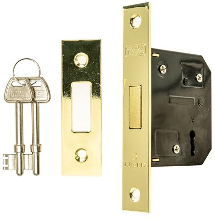 TSS 3 Lever Mortice Dead Locks for Internal Doors 2.5 (65mm) in Polished Brass. Internal Door Lock with 2 Keys. Door Lock with Key for Internal and External Doors.