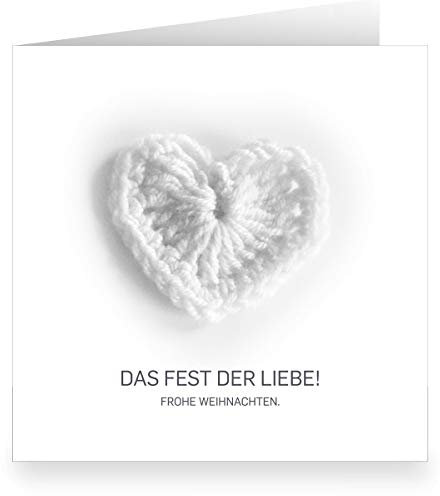Kartenkaufrausch Liebevolle Foto Weihnachtskarte (quadratisch, 15,5x15,5cm mit Umschlag) mit großem Häkel Herz auf weiß: Das Fest der Liebe!. - große XL Klapp-Karte geschäftlich & privat