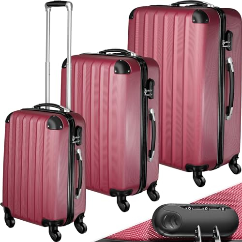 tectake® 3 TLG Reisekoffer Set, Hartschalenkoffer Set, Trolley Kofferset, ABS Hartschalen Reisekofferset, Reisetasche, Trolley, Gepäck, 4 Rollen, 360 Grad drehbar, Teleskopgriff - rot