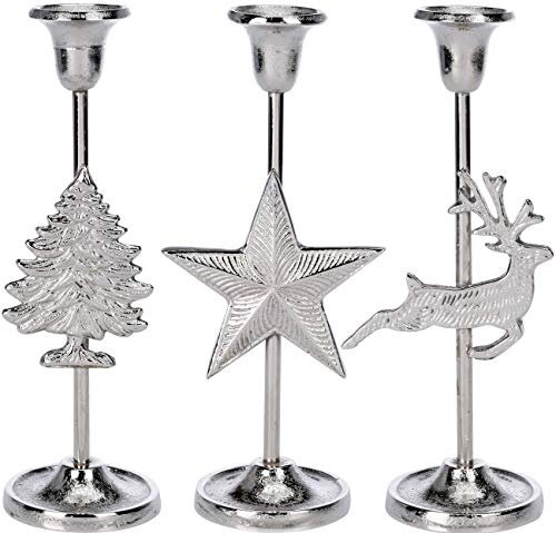 matrasa Kerzenhalter für Stabkerze - Aluguss Weihnachtsdeko Weihnachten Stern Hirsch Weihnachtsbaum - 3er Set (je Variante 1x)
