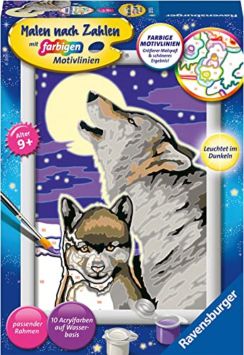 Ravensburger CreArt 28513 - Mystische Wölfe - Malen nach Zahlen ab 9 Jahre, Malset mit Rahmen, Pinsel und Acrylfarben, Geschenk für Mädchen und Jungen, Leuchtet im Dunkeln