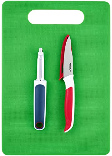 Zyliss E920253 3 Piece Kitchen Essential Set, Plastic/Stainless Steel, Multicolour, Swivel Peeler, Paring Knife and Chopping Board Set, Dishwasher Safe