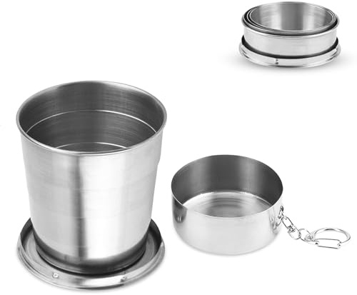Tasse Pliable de Voyage 250ml, Tasse Rétractable Acier Inoxydable, Gobelet Pliable en Inox, gobelet pliable inox,Mug à café Portable Gobelet Retractable avec Clip Mousqueton pour Voyage, Camping