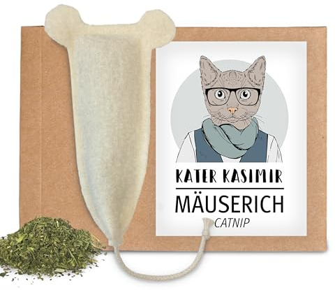 Kater Kasimir Premium Spielzeugmaus für Katzen. In Deutschland von Hand und mit Liebe aus reinem Wollfilz hergestellt. Interaktives Katzenspielzeug mit Katzenminze