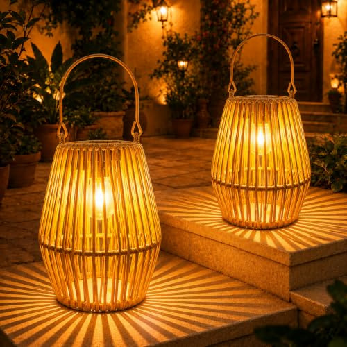 Shengruili 2 Stück Solar Laternen für Außen,Rattan Solar Laternen Hängend/Stehend,Solarlampen in Rattan Boho Stil,Dekorative Solarleuchte für Garten, Balkon & Terrasse
