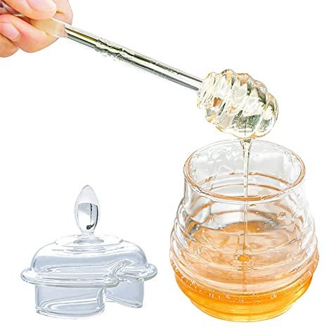 Dispenser di miele trasparente, dosatore per miele in vetro, dosatore per miele Syrup, contenitore per spezie liquido, graziosi barattoli di miele con coperchio e mestolo per cucina