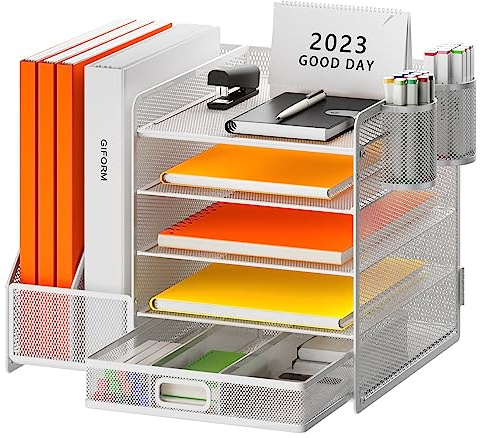 Restorgan Schreibtisch Organizer mit Aktenhalter, 5-stufiger Papier Organizer mit Schublade und 2 Stifthaltern,Mesh Schreibtisch Akten Organizer mit Zeitschriftenhalter (weiß)