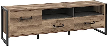 Meuble TV 1 Porte 2 tiroirs décor Bois recyclé Pieds et poignées métal Noir - Style Industriel - Collection Apache