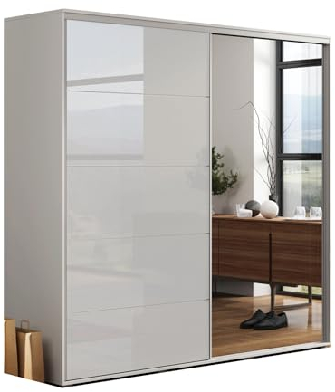 B&M Furniture Großer Kleiderschrank mit Schiebetür aus Glas/ Lacobel und Spiegel - mit Einlegeböden und Kleiderstange - für Garderobe, Schlafzimmer - 2-türig - Freistehend - Weiß - 230 cm B, 245 cm H