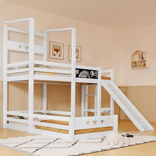 kubeier Kinderbett Hausbett 90x200 Etagenbett für 2 Kinder, Baumhaus Hochbett mit Leiter und Rutsche, Holzbett Kinderbetten mit Rausfallschutz und Lattenrost, Jugendbett, Weiß