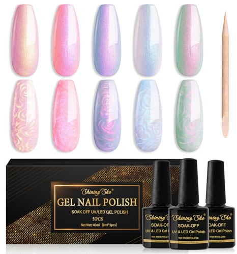 Shining She UV Nagellack Pearl Effect,5 Farben Meerjungfrau Pearl Rosa Weiß Grün UV Nagellack Set Mit Stick,Soak-Off UV Gel nagellack,Kreis Zeichnen Muschel Wirbel Effekt,8ML