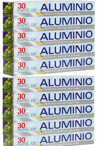 Carta alluminio. Rotolo di alluminio 30 mt. Confezione da 10 rotoli = 300 metri. Alluminio domestico 30 mt per cucina. Foglio da cucina di alta qualità 300 metri, 10 unità da 30 mts.