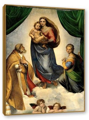 RYLJCZ Berühmter klassischer Kunstdruck der Sixtinischen Madonna –gerahmtes Gemälde Bild von Raphael – Reproduktionen von Renaissance-Gemälden, 70 x 98 cm (27,6 x 38,5), gerahmt in Teakholzfarbe