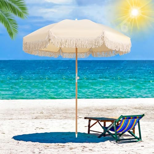 Sonnenschirm Strand Beiger Terrassenschirm für den Außenbereich, 1,8 m, mit neigbarem Fransenschirm, mit Tragetasche, tragbarer Strandschirm für Sand, LSF 50+, Tischschirm, wasserdichter Marktschirm