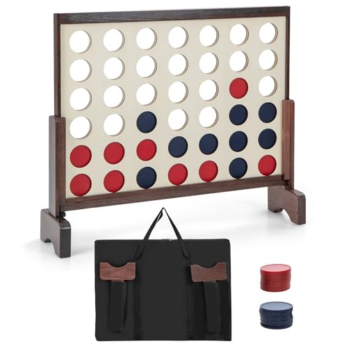 COSTWAY Giant 4-in-a-row Game Set, Wooden Jumbo 4 to Score with 42Pcs Chips, Fabric Carrying Bag, Indoor Outdoor Connect 4 for Kids Adults (Brown)