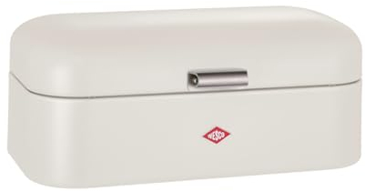 WESCO Grandy bread bin in matt sand, powder-coated sheet steel, ventilation holes and sturdy handle