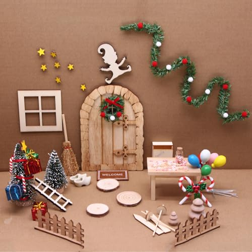 Décoration de maison de poupée de Noël miniature en bois naturel porte lutin kit complet accessoires jardin thème sapin de Noël guirlande de Noël petit elfe fantôme Noël fête décoration de Noël