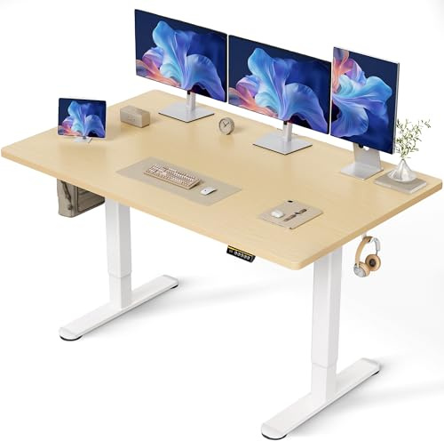 Claiks Höhenverstellbarer Schreibtisch 160 x 80 cm (FSC®), 80KG Tragkraft Schreibtisch Höhenverstellbar mit 2 Haken und 3 Memory-Funktion, Standing Desk mit Leiser Motor für Home Office, Beige