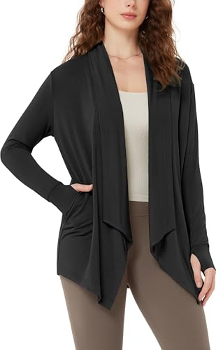 ODODOS Women's Drape Open Front Cardigans Cozy Soft Long Sleeve Casual Wrap Outerwear with Pockets Thumb Hole, Black, Medium