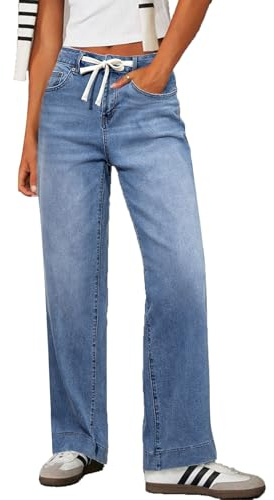 Sidefeel Women's Wide Leg Jeans High Waisted Stretchy Straight Baggy Drawstring Denim Pants Light Blue Size 14