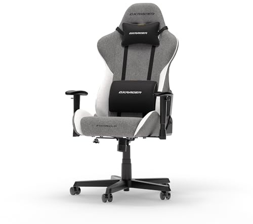 DXRacer Formula L Grau & Weiß Stoff das Orginal Gamingstuhl, Sessel Ergonomischer, Stuhl, Gaming Chair für PC Gamer und Office
