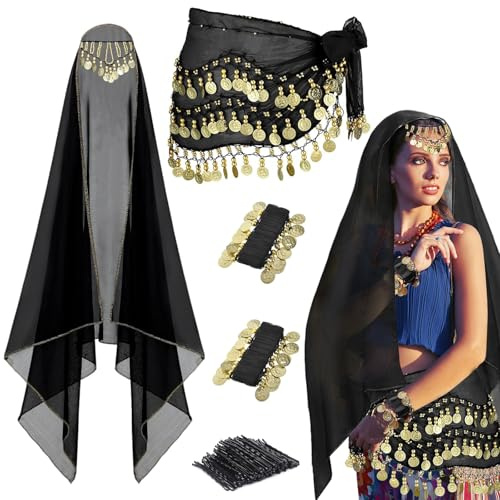 GZJINYUAN 4Pcs Belly Dancer Outfit Sets, Chiffon Head Scarf,Belly Dance Hip Scarf, 2 Coin Wrist Bracelets, 50 Bobby Pins,Belly Dance Costume for Women (Black)