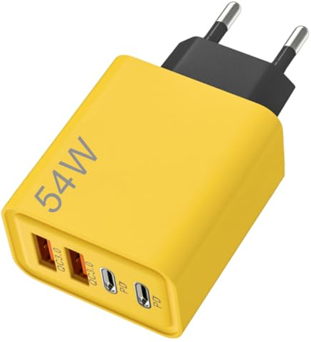 NHQZ Cargador multipuerto USB C, 54W 4 Puertos Enchufe USB,PD+QC 3.0, Cargador Carga Rapida para iPhone, Samsung,Xiaomi,Huawei(Amarillo)