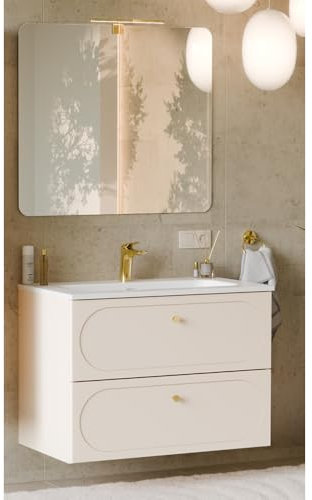 Lomadox Waschplatz-Set 2-teilig mit 80 cm Waschtisch und LED-Spiegel in sandbeige mit goldenen Knopfgriffen, wandhängend