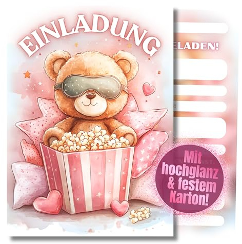 HIDEBLOOM Lot de 12 cartes d'invitation pour soirée pyjama I DIN A6 (10,5 cm x 14,8 cm) I Invitation à une soirée pyjama avec ours en peluche I Cartes d'invitation pour anniversaire d'enfant fille et