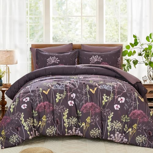 Yiran Purple Comforter Set Queen Size, 7 Piece Floral Dandelion Comforter Bedding Set, Botanical Bed in a Bag Queen, Soft Microfiber Complete Bedding Set with Sheets for All Season