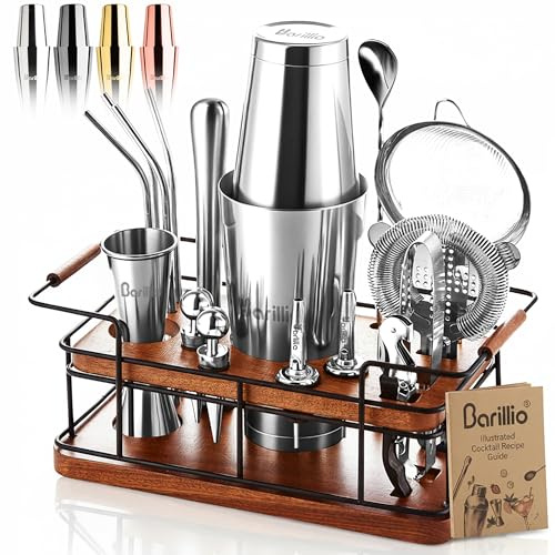 Barillio Bartender Kit – 23-Piece Stainless-Steel Cocktail Shaker Set with Premium African Mahogany Stand | Martini Barware Mixing Tools for Home Bartending | Gift Set