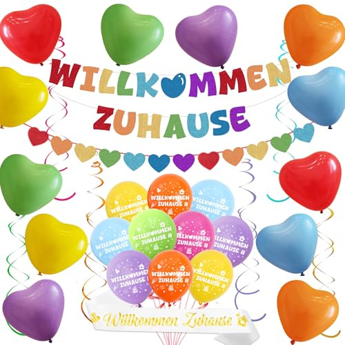 Willkommen Zuhause Deko Girlande Ballons - Welcome Home Dekoration Herz Banner Luftballons, und Schärpe für Babyparty Empfang Familienfeiern (Regenbogen)
