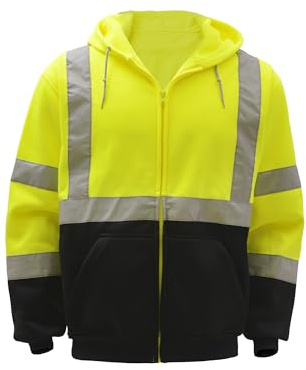 GSS Hi Vis Safety Hoodie Jacket High Visibility Reflective Long Sleeve Sweatshirts for Men Class 3 Zipper Front Hooded Sweatshirt with Black Bottom (Lime, L)