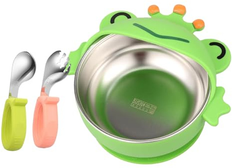 Weqizuerqi Kinderschüssel aus Edelstahl, Utensilien-Set aus Silikon mit Löffel und Gabel, sicheres Utensil gegen Verbrennungen, Haus & Reise, für das Alter der Diversifizierung