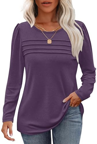 WNEEDU Långärmad damtröja rund hals ledig lös tröja damer trendig veckad sweatshirt höst vinter puli toppar blus tunika toppar, Grålila, M