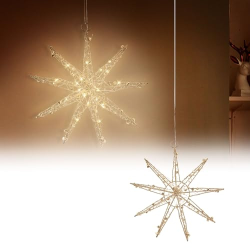 ECD Germany LED Deko Weihnachtsstern 30cm mit 30 warmweißen LEDs, Gold, batteriebetrieben, Metall, Weihnachten Schneeflocke zum Aufhängen mit Beleuchtung & Timer, Innen, Weihnachtsdeko Fensterdeko