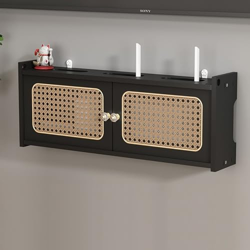 Estante de router de madera y ratán para pared, caja de almacenamiento router WiFi, armario para oficina y hogar, ocultador WiFi fácil de instalar, decoración para casa y oficina(Black,L60cm/23.6in)