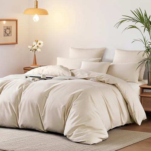 Boqingzhu Bettwäsche 220x240 cm Baumwolle Satin Öko-Tex Beige | 100% Langstapelige Baumwolle, Weich, Luxus Bettwäsche-Set mit Reißverschluss, 1x Bettbezug 220x240 + 2x Kissenbezug 80x80