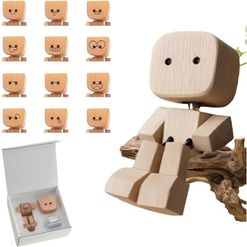 Dewppxi Wackelfigur Auto, Charmante Kleine Holzfigur, Die mit 12 Magnetischen Ausdrücken Schwankt, Handgefertigter Wackelnder holzmann Auto Armaturenbrett-Decor (A+12 Stück Ausdrücken)