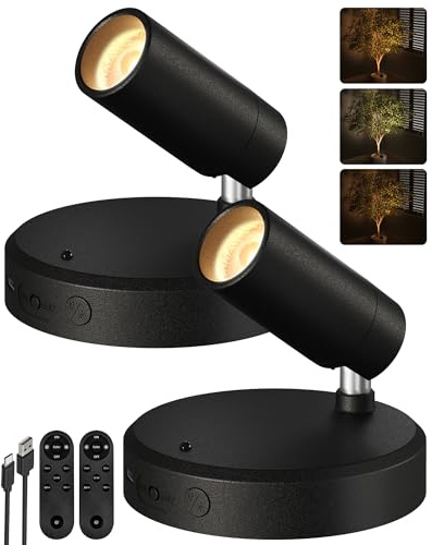 EZVALO Spot Sans Fil Rechargeable 5500 mAh, 350° Éclairage Omnidirectionnel, 3 Couleurs, Télécommande, Luminaire Mural LED pour Tableaux et Plantes (Lot de 2, Noir)
