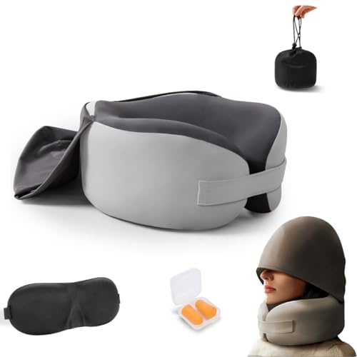lomonmen Cuscino da Viaggio,Cuscino Collo Memory Foam,RegolabileCuscino da Viaggio Aereo con Cappuccio,Inclusa Maschera per Dormir,Tappi Auricolari,Borsa per Trasporto