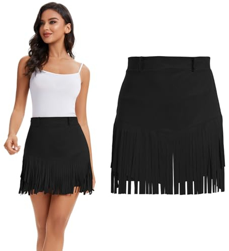 MRYUWB Women's Faux Suede High Waist A-Line Fringe Mini Skirt - Western Cowgirl Tassel Hem Casual Party Short Skirt (US, Alpha, X-Large, Regular, Regular, Black)