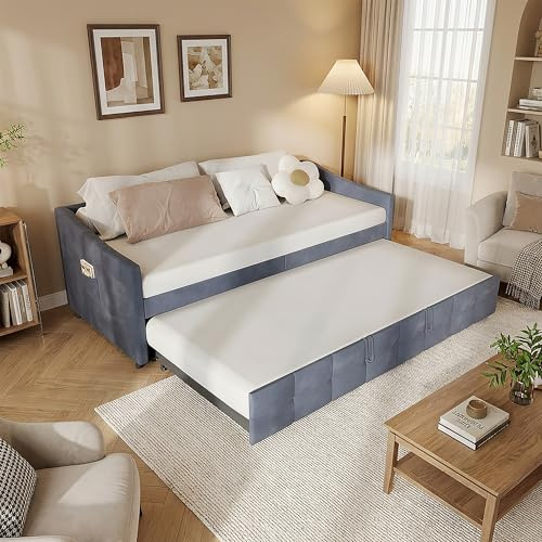 BEIJIALY Polsterbett Ausziehbares Schlafsofa, Tagesbett Ausziehbar, Tagesbett 90/180x200 cm mit Gästebett, Schlafcouch 180x200 mit Lattenrost, Schlafsofa für Erwachsene 2 Personen,Multifunktionsbett