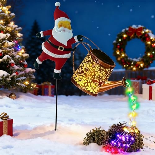 Christmas Santa Solar Kettle Lights Garden Lawn Decorative Lights, Waterproof LED Garden Lawn Decorative Light, Vintage Metal Watering Can with Santa, IP65 Solar LED Lights for Yard Walkway (Colorful)